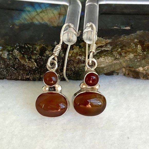 Jewelry - Sterling Silver 950 1.26" Oval Bezel Set Carnelian Gemstone Dangle Earrings 3.5g